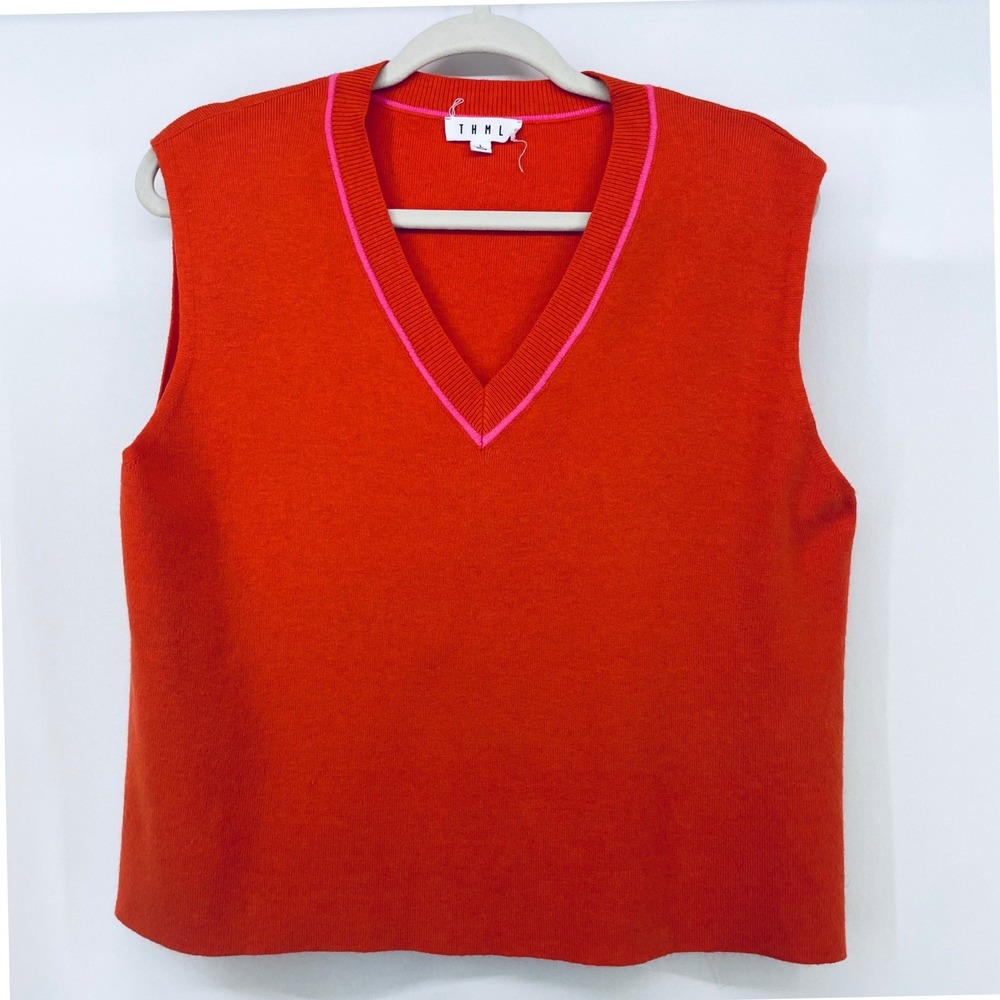 THML Women Size Large Sweater Vest Orange Pink V-Neck Knit Sleeveless Preppy
